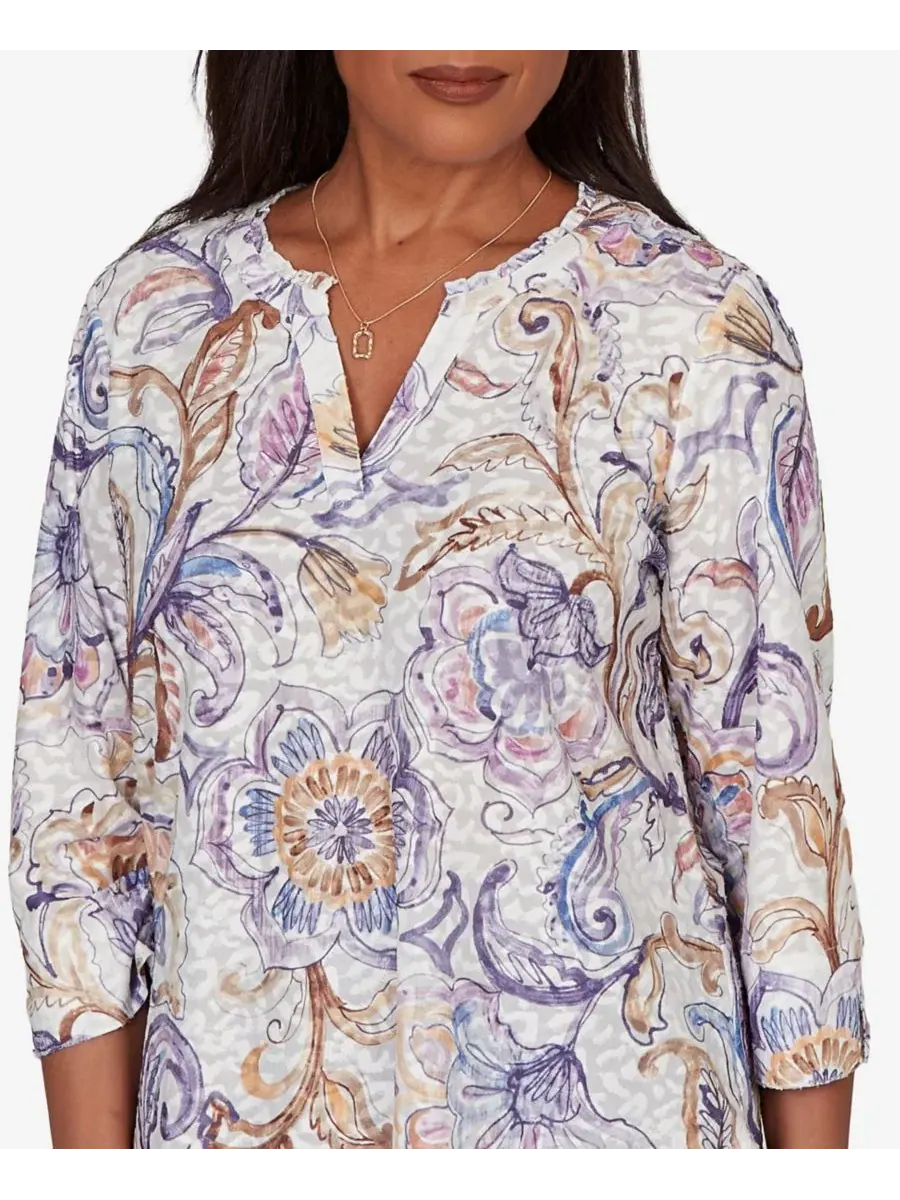 Топ с принтом Jacobean Floral Split Neck Petite Grand Bazaar Alfred Dunner — изображение 4 из 5, мульти