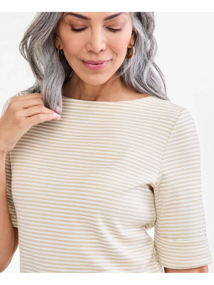 Футболка с лодочным вырезом и рукавом до локтя, модель Petite Elbow Feeder Stripe Style & Co — изображение 3 из 4, песочный