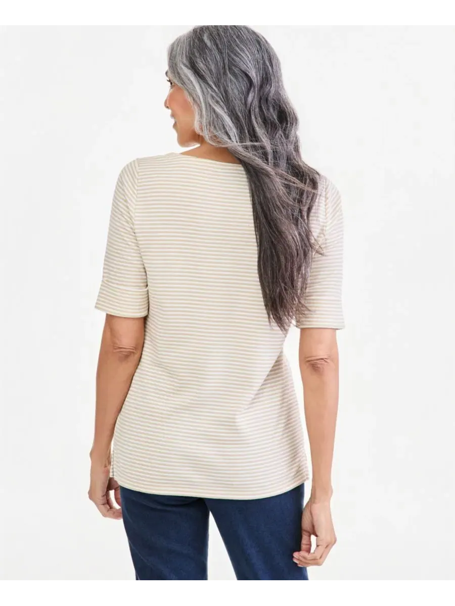 Футболка с лодочным вырезом и рукавом до локтя, модель Petite Elbow Feeder Stripe Style & Co — изображение 4 из 4, песочный