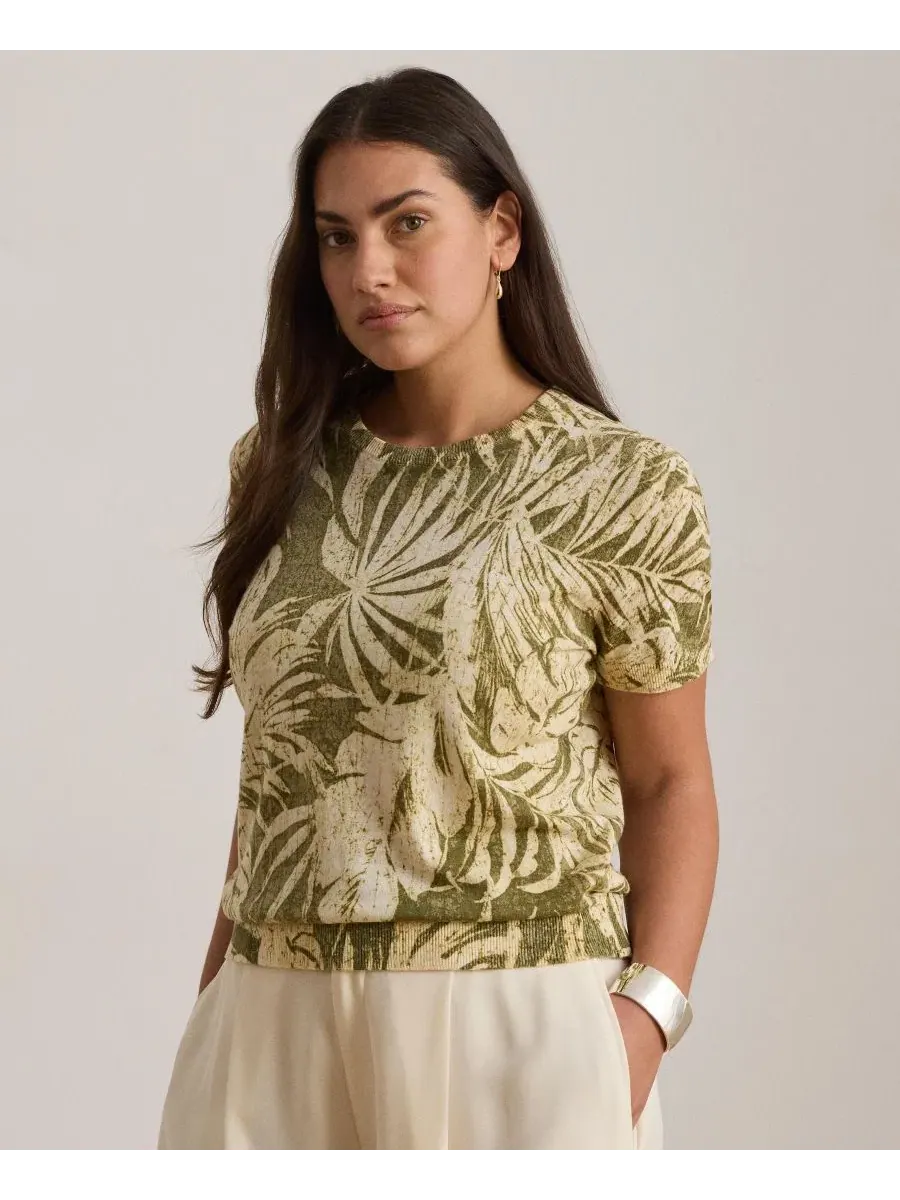 Свитер с коротким рукавом и круглым вырезом Palm Frond Print Lauren Ralph Lauren — изображение 2 из 7, оливковый мульти