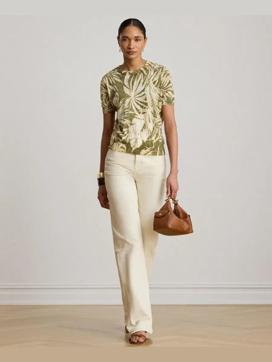 Свитер с коротким рукавом и круглым вырезом Palm Frond Print Lauren Ralph Lauren — изображение 3 из 7, оливковый мульти
