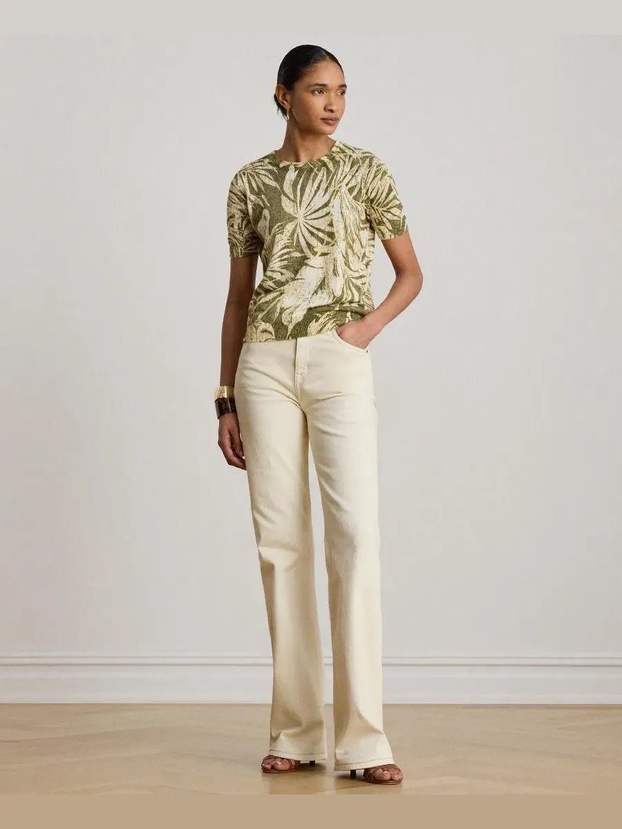 Свитер с коротким рукавом и круглым вырезом Palm Frond Print Lauren Ralph Lauren — изображение 4 из 7, оливковый мульти