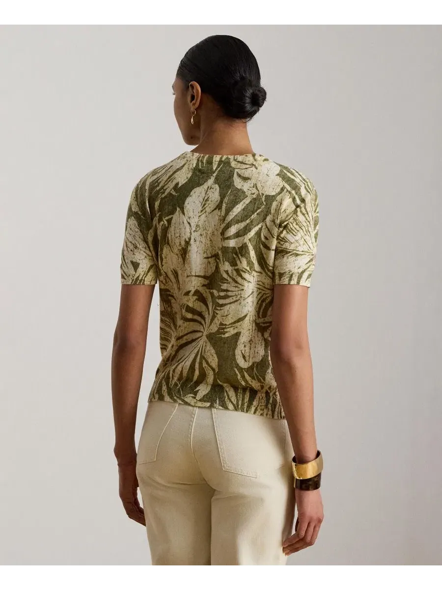 Свитер с коротким рукавом и круглым вырезом Palm Frond Print Lauren Ralph Lauren — изображение 5 из 7, оливковый мульти