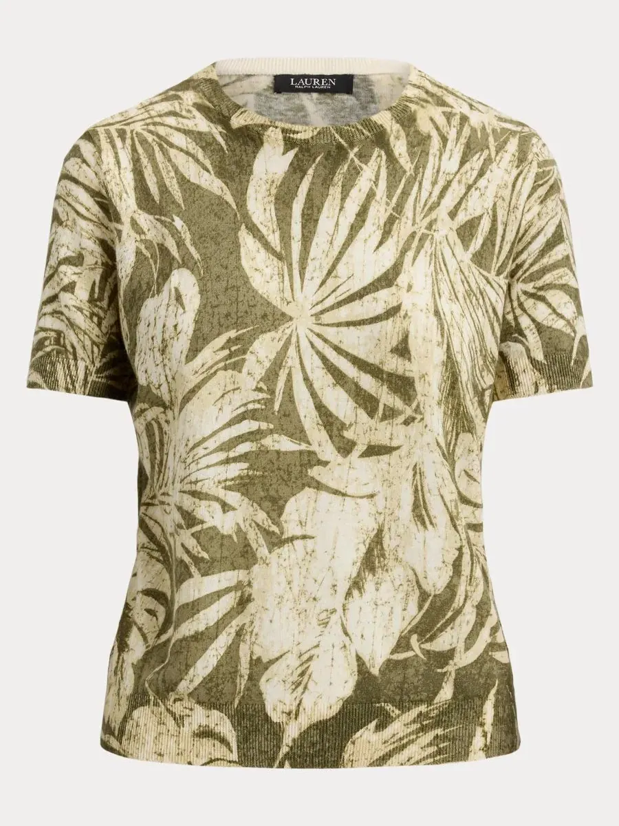 Свитер с коротким рукавом и круглым вырезом Palm Frond Print Lauren Ralph Lauren — изображение 6 из 7, оливковый мульти