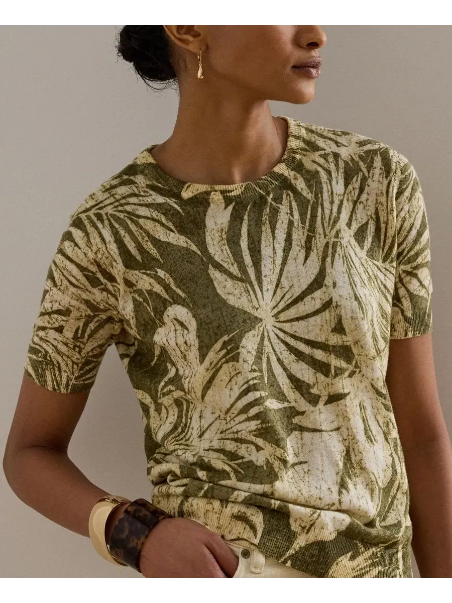 Свитер с коротким рукавом и круглым вырезом Palm Frond Print Lauren Ralph Lauren — изображение 7 из 7, оливковый мульти