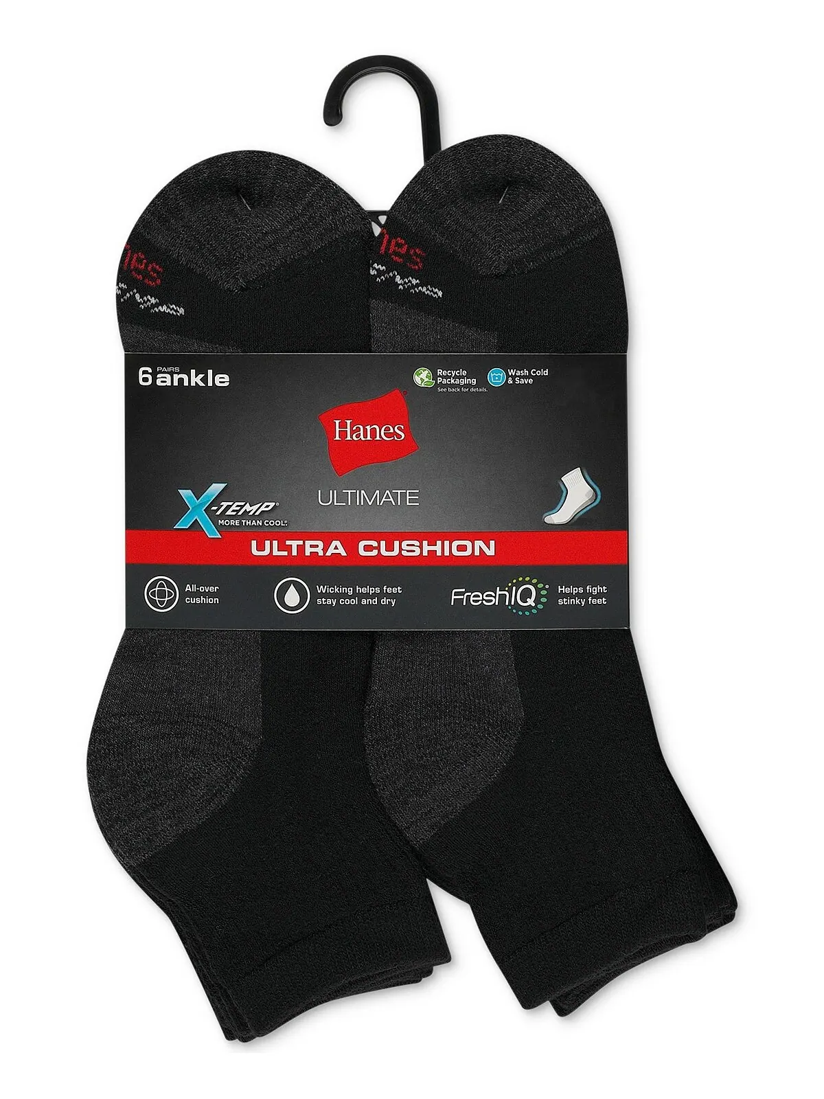Мужские 6-Пк. Носки до щиколотки Ultimate Xtemp Ultra Cushion Hanes — изображение 3 из 4, черный