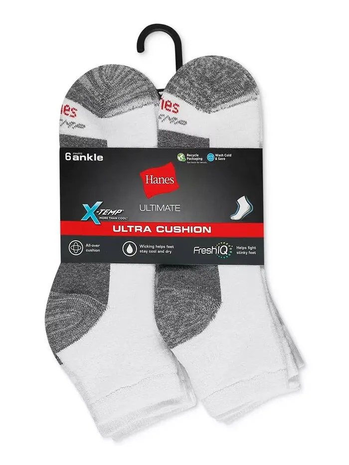 Мужские носки Ultimate Xtemp Ultra Cushion Ankle Socks, 6 шт Hanes — изображение 2 из 2, белый