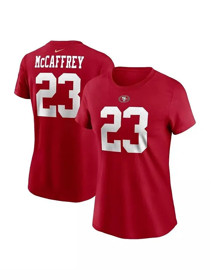 Женская футболка Christian Mc Caffrey Scarlet San Francisco 49ers с именем и номером игрока Nike — изображение 1 из 3, алый