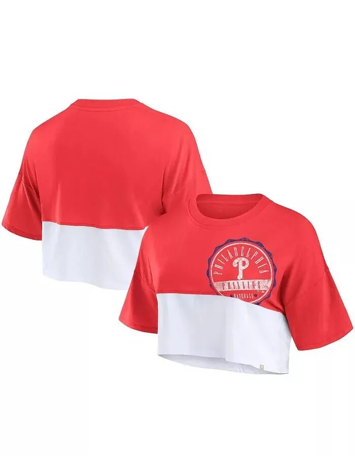 Фирменная женская красно-белая укороченная футболка свободного кроя Philadelphia Phillies Color — изображение 1 из 3, белый