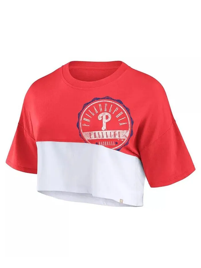 Фирменная женская красно-белая укороченная футболка свободного кроя Philadelphia Phillies Color — изображение 2 из 3, белый