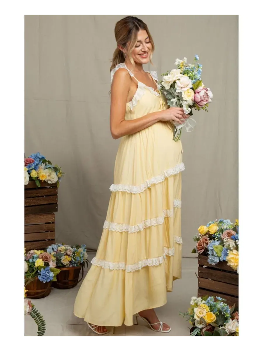 Макси-платье с кружевной отделкой, модель Lace Trim Tiered Maternity Pinkblush — изображение 1 из 4, желтый