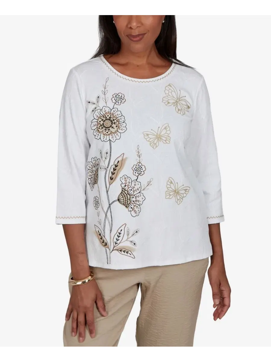 Топ с принтом и вышивкой Travel Advisory Floral Butterfly Line Embroidered Alfred Dunner — изображение 1 из 5, белый