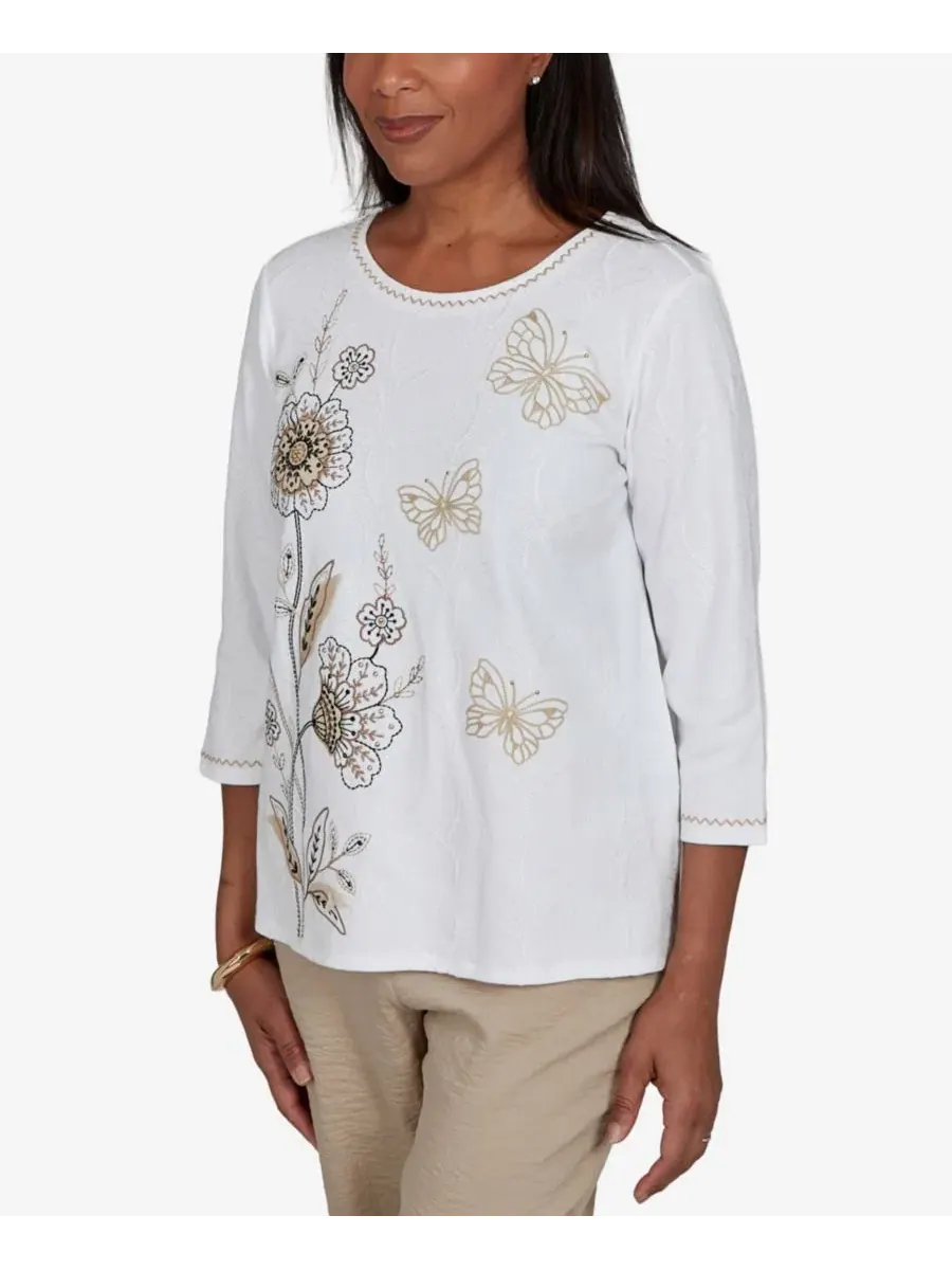 Топ с принтом и вышивкой Travel Advisory Floral Butterfly Line Embroidered Alfred Dunner — изображение 2 из 5, белый