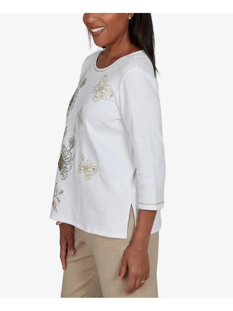 Топ с принтом и вышивкой Travel Advisory Floral Butterfly Line Embroidered Alfred Dunner — изображение 3 из 5, белый