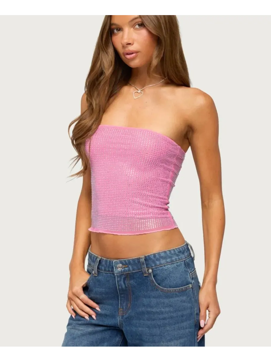 Топ без бретелек из сетки с кристаллами Olea Rhinestone Mesh Strapless Edikted — изображение 4 из 5, розовый