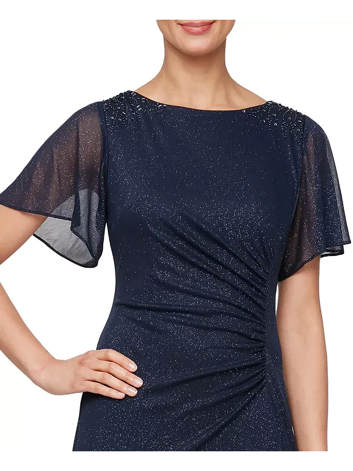 Маленькое платье с пышными рукавами, украшенное блестками SL Fashions — изображение 2 из 3, темно-синий