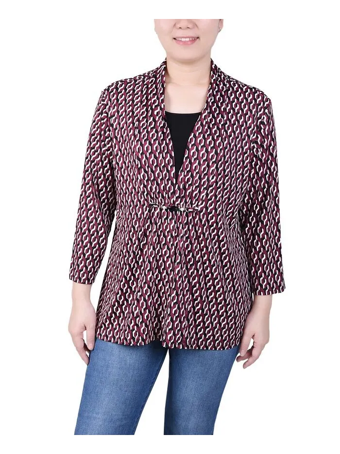 Топ Petite с объемным принтом и рукавами 3/4 Two-Fer NY Collection — изображение 1 из 4, черный