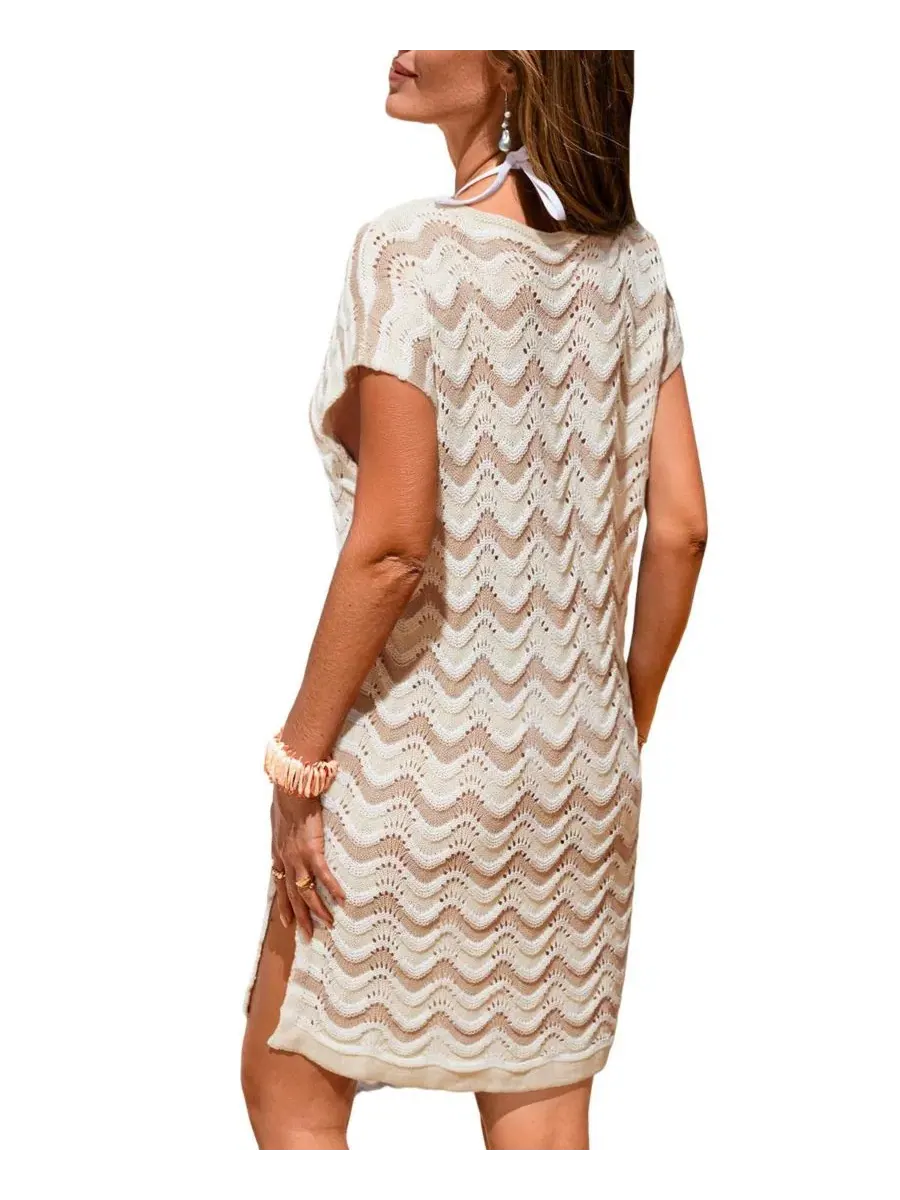 Пляжное платье-мини с V-образным вырезом и коротким рукавом Destiny Beige Cupshe — изображение 3 из 3, бежевый/хаки
