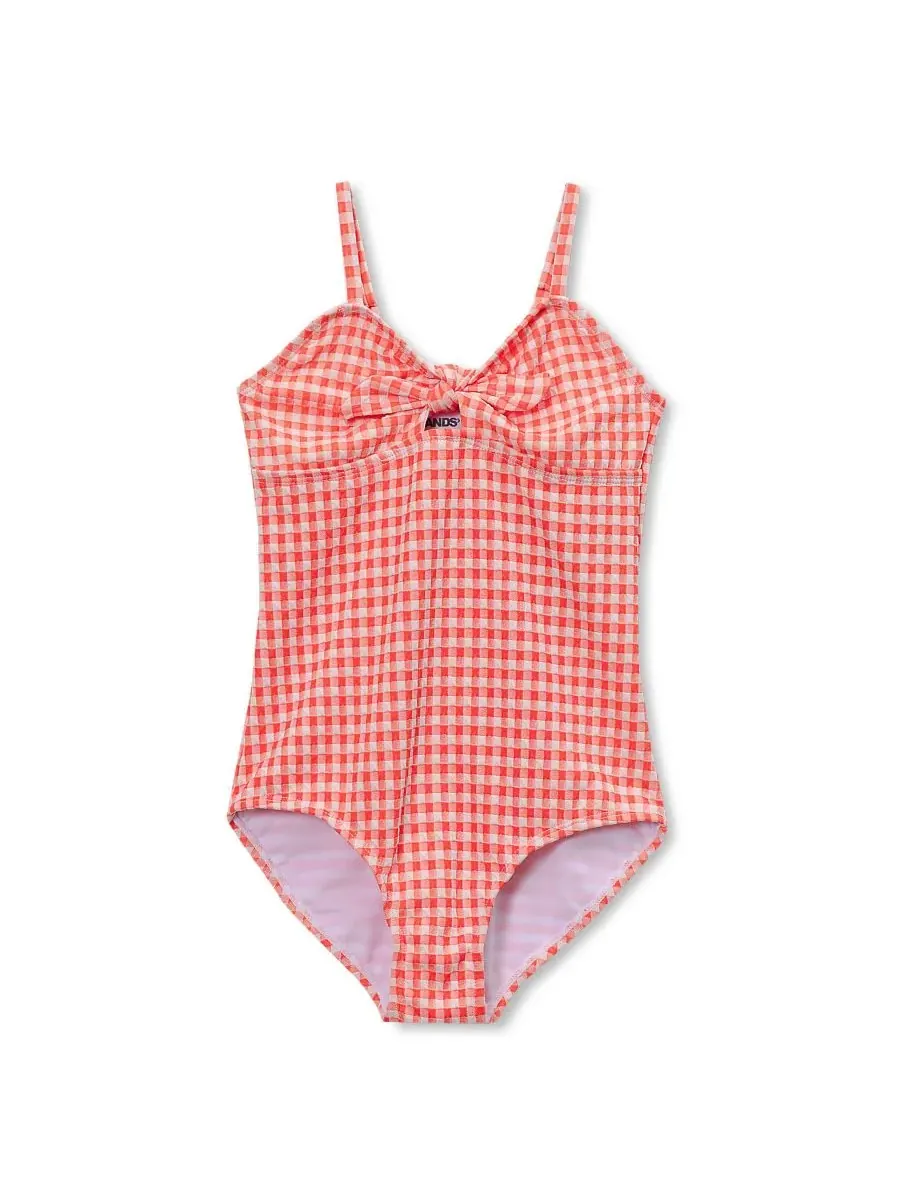 Детский цельный купальник с вырезами, устойчивый к хлору Lands' End, Coral/Gingham