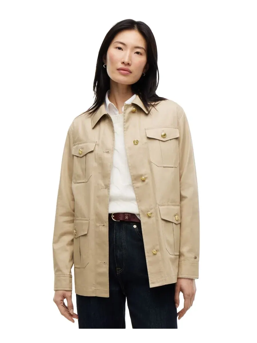 Женское хлопковое пальто с поясом, модель Collared Utility Field Jacket Tommy Hilfiger — изображение 1 из 4, бежевый