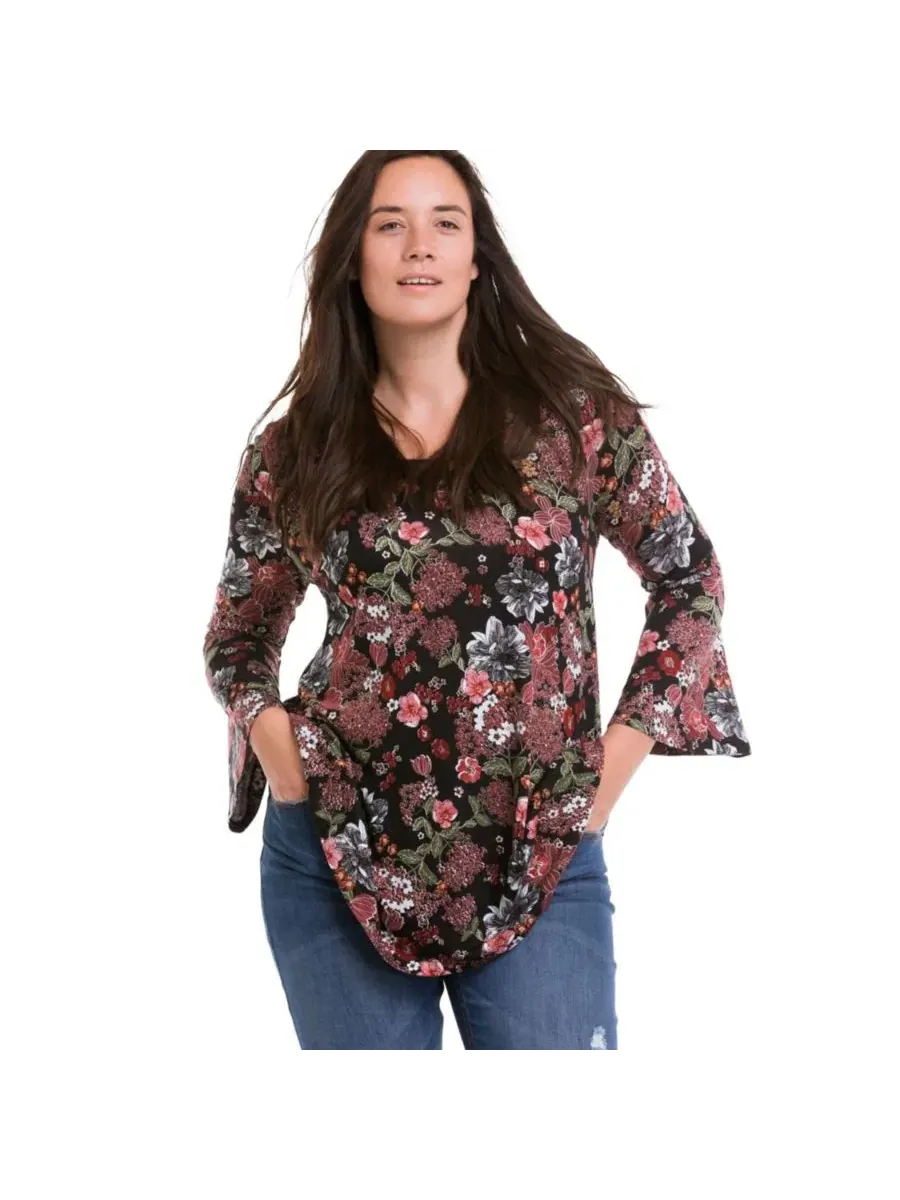 Туника-трапеция с рукавом-колоколом Black Floral Print ellos — изображение 1 из 3, черный