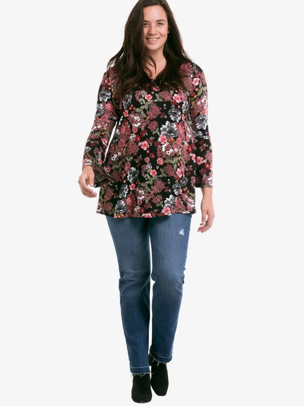 Туника-трапеция с рукавом-колоколом Black Floral Print ellos — изображение 3 из 3, черный