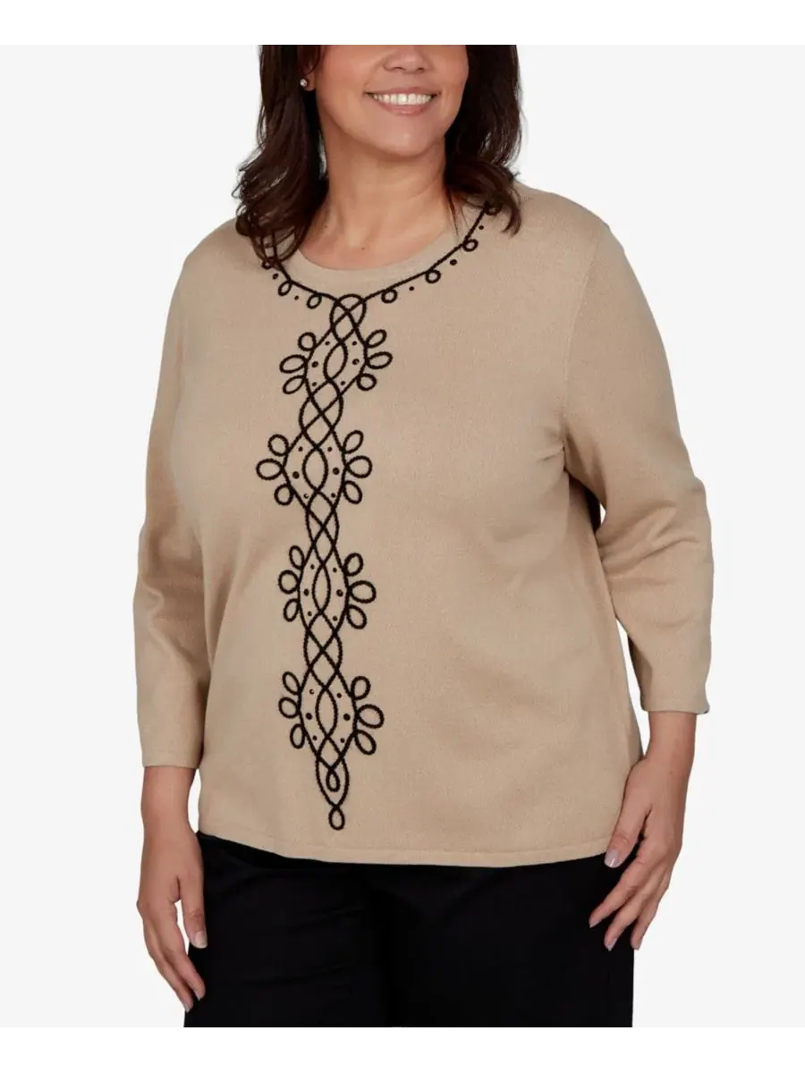 Свитер с 3/4 рукавом, с отделкой сутажом, Center Scroll Soutache Alfred Dunner — изображение 2 из 5, верблюжий
