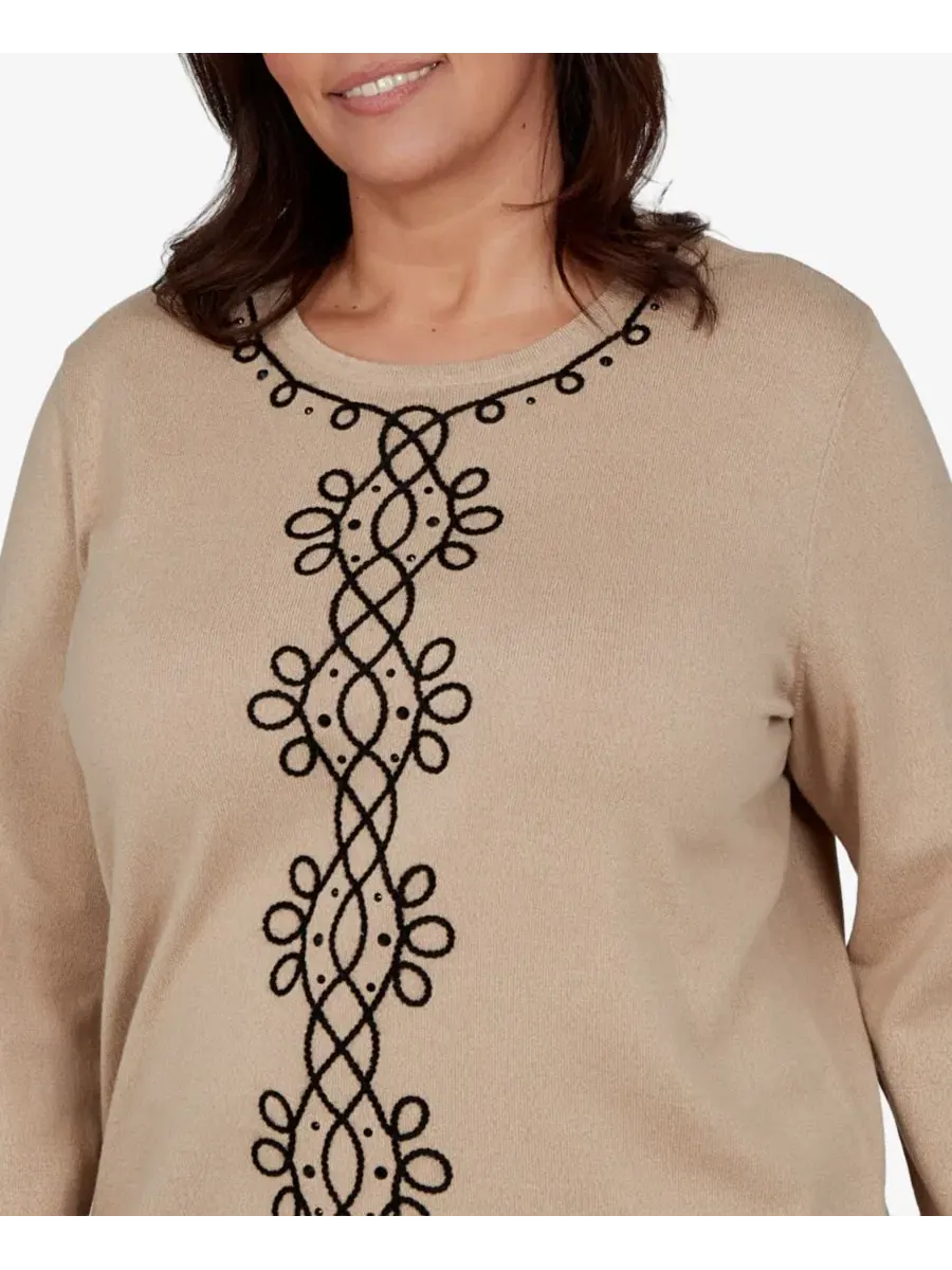 Свитер с 3/4 рукавом, с отделкой сутажом, Center Scroll Soutache Alfred Dunner — изображение 4 из 5, верблюжий