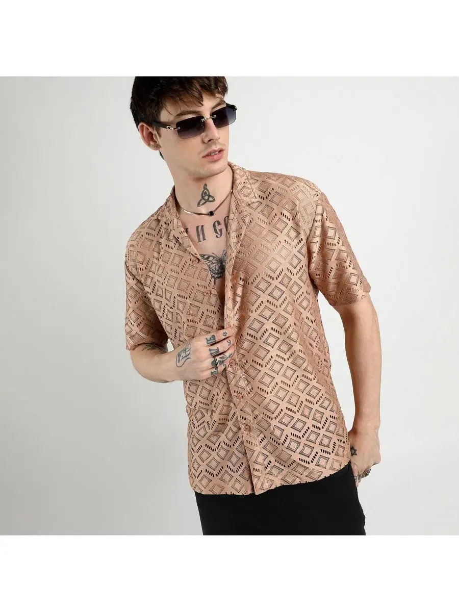 Мужская рубашка с коротким рукавом Oversized Rhombus Campus Sutra — изображение 4 из 7, коричневый