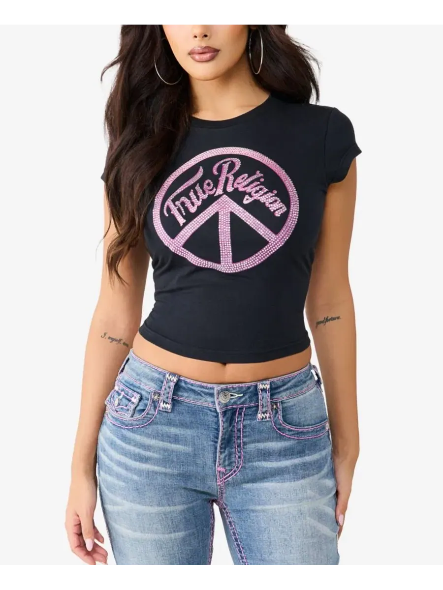 Футболка укороченная с кристаллами и принтом Мир True Religion