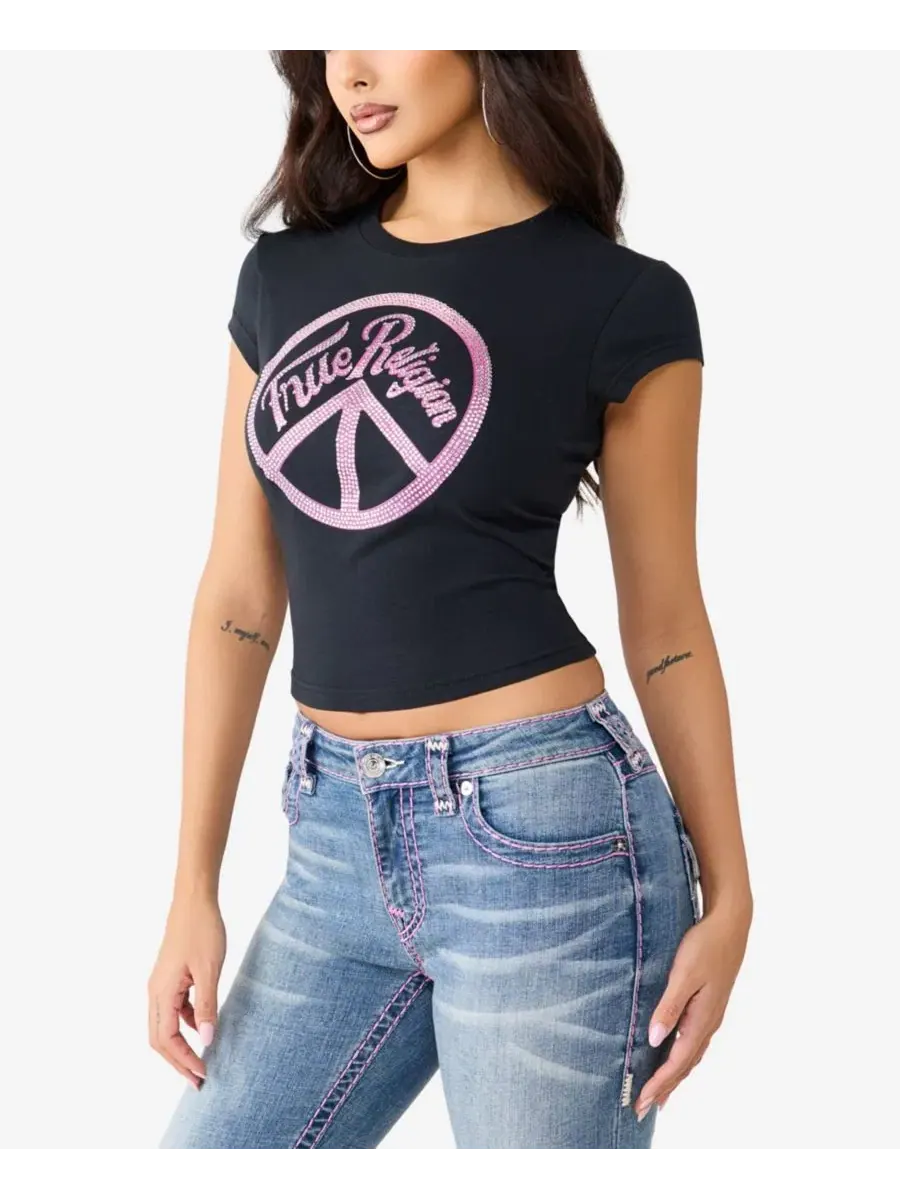 Футболка укороченная с кристаллами и принтом Мир True Religion — изображение 2 из 3, черный