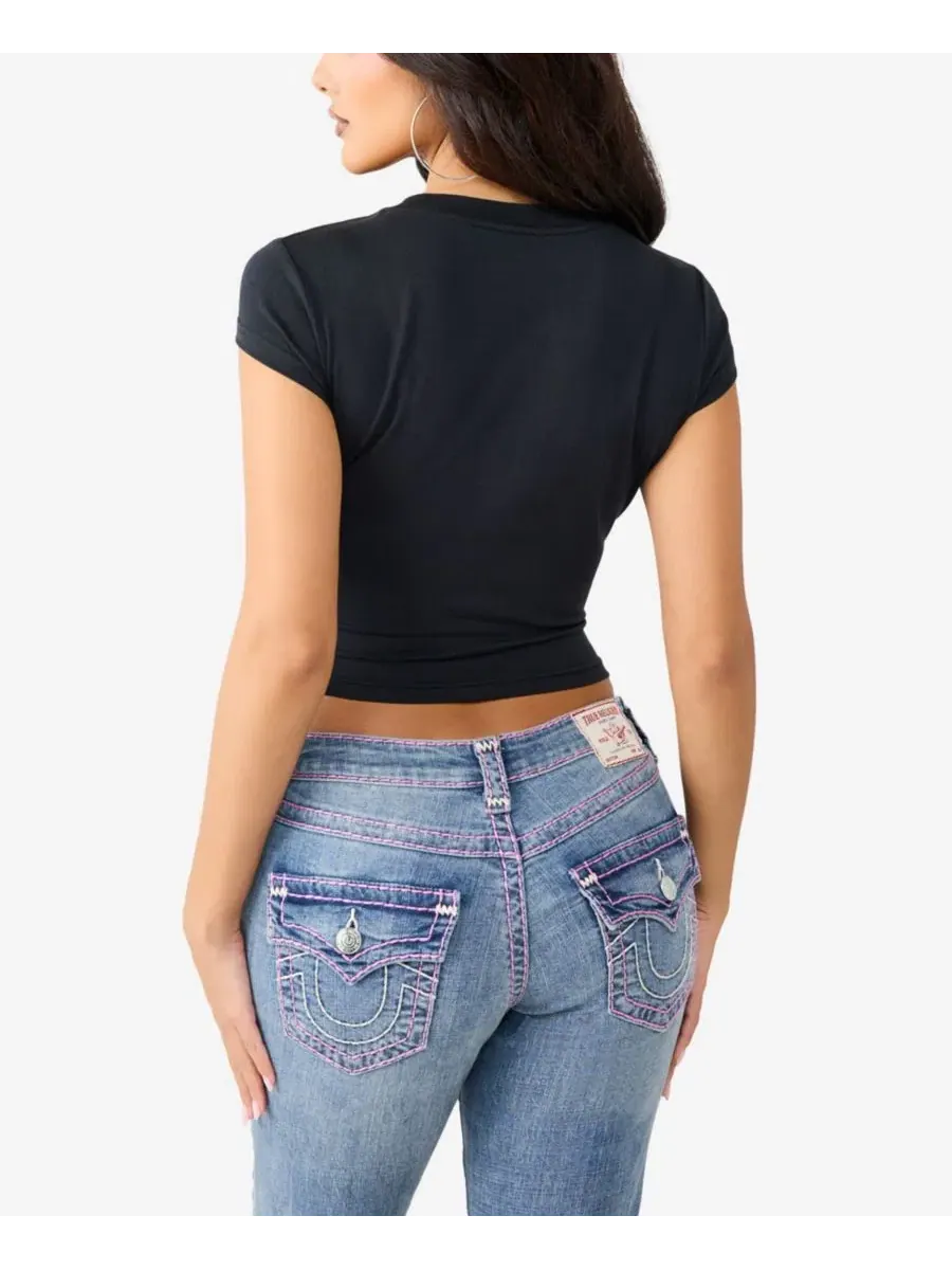 Футболка укороченная с кристаллами и принтом Мир True Religion — изображение 3 из 3, черный