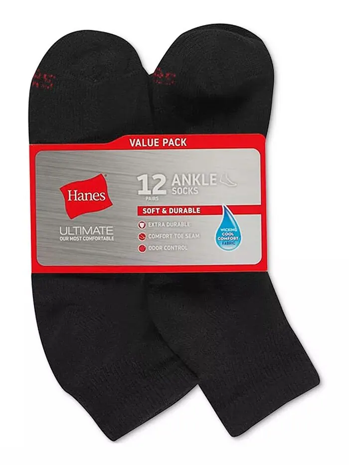 Мужские носки Ultimate Ankle Socks, 12 пар Hanes — изображение 2 из 2, черный