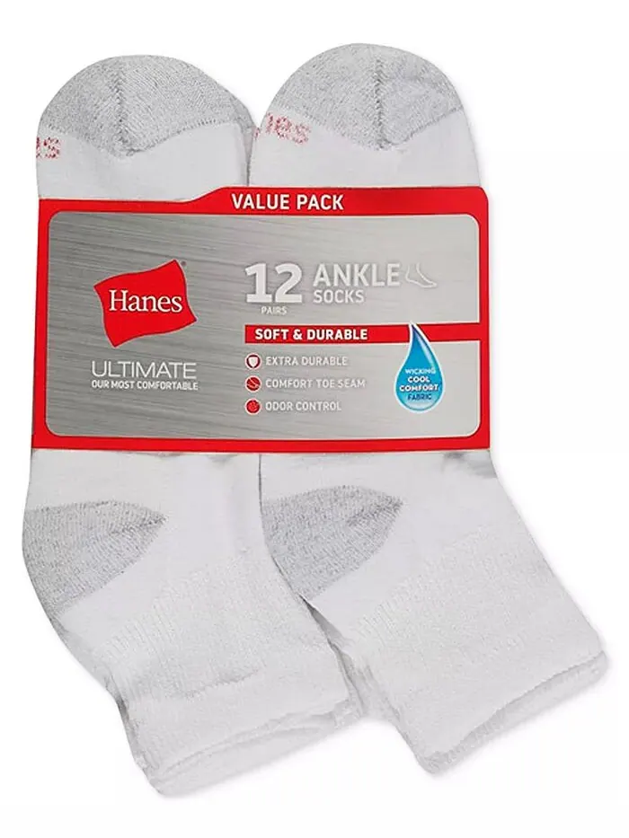 Мужские носки Ultimate Ankle Socks, 12 пар Hanes — изображение 2 из 2, белый
