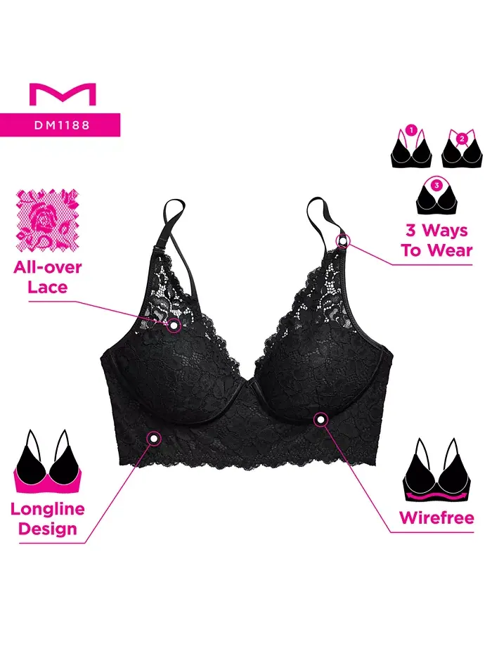 Удлиненный бюстгальтер-бралетт Pure Comfort из кружева и сетки DM1188 Maidenform — изображение 5 из 5, черный