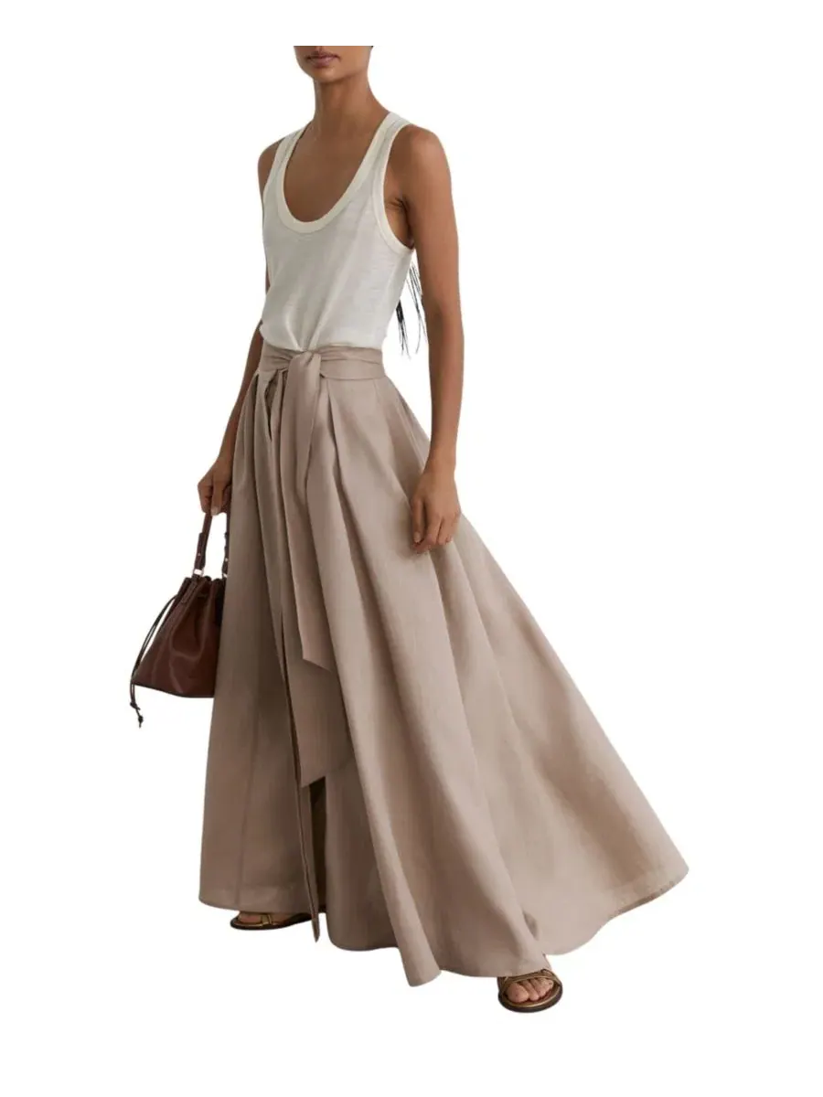 Юбка-макси REISS Jackie из льна с защипами, высокая посадка — изображение 2 из 5, коричневый
