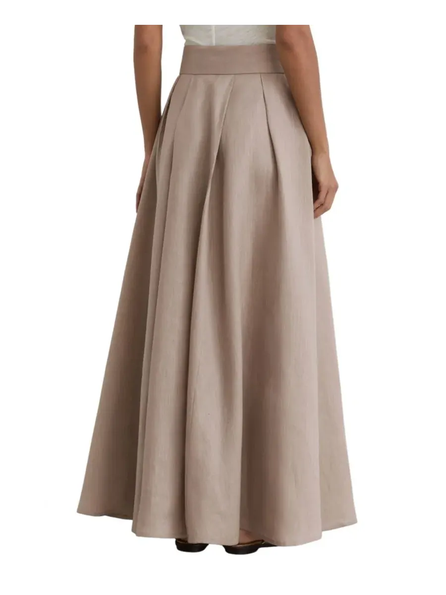 Юбка-макси REISS Jackie из льна с защипами, высокая посадка — изображение 3 из 5, коричневый