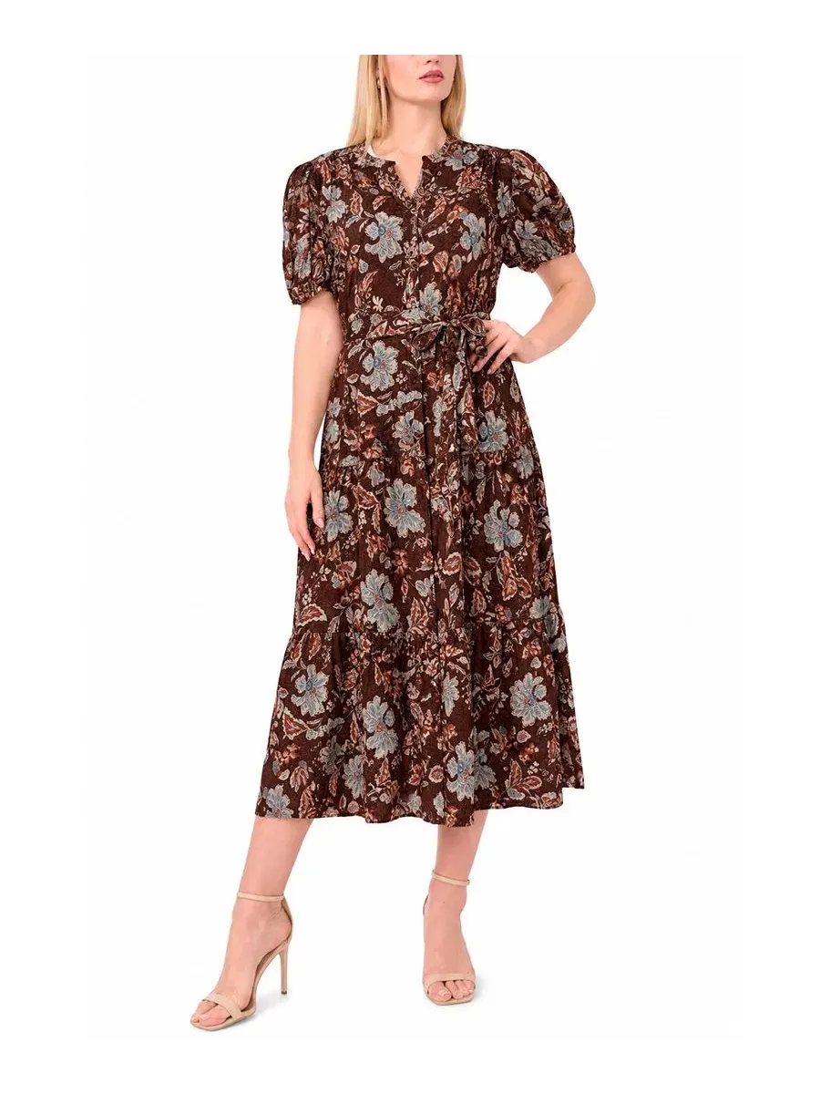 Платье-миди с коротким рукавом-фонарик и поясом, модель Plus Size Puff-Sleeve Belted Midi Dress MSK — изображение 1 из 5