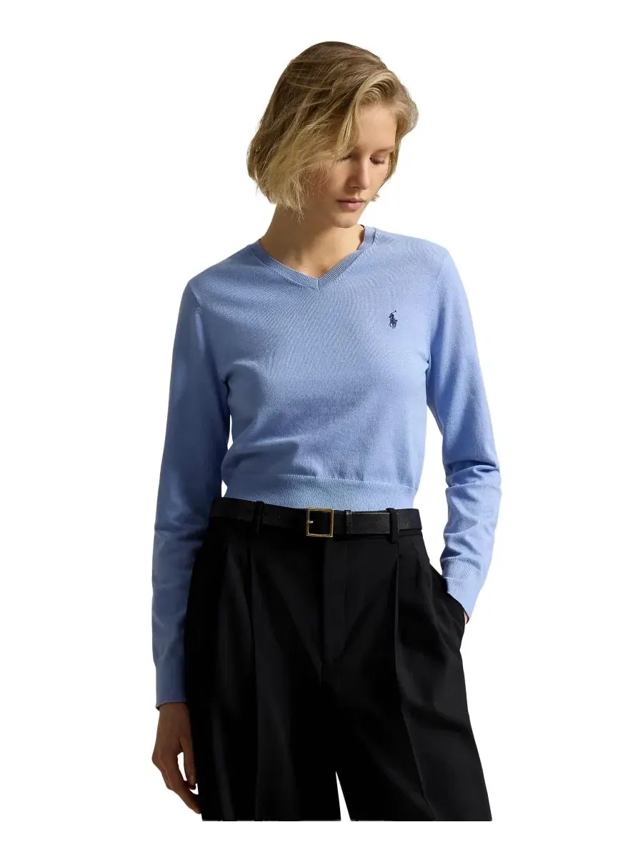 Свитер женский с V-образным вырезом, укороченный, с длинным рукавом Polo Ralph Lauren — изображение 1 из 5, синий