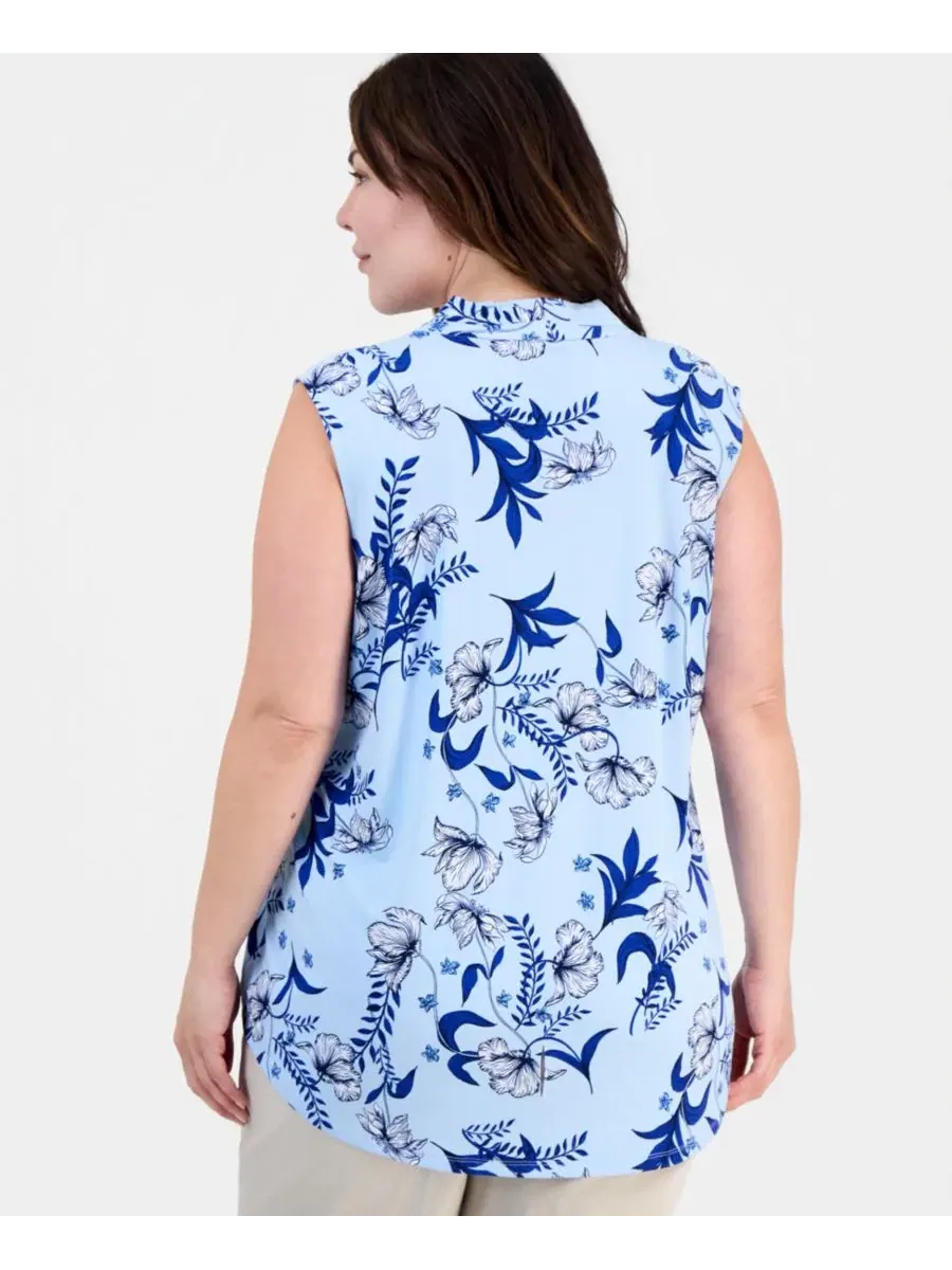 Топ без рукавов с V-образным вырезом и цветочным принтом, Indina Floral JM Collection — изображение 3 из 4, синий