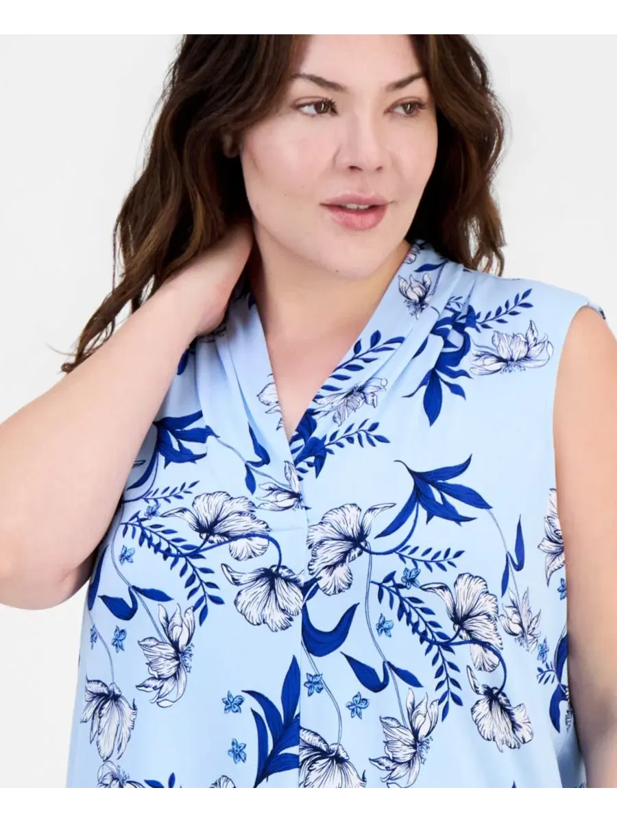 Топ без рукавов с V-образным вырезом и цветочным принтом, Indina Floral JM Collection — изображение 4 из 4, синий