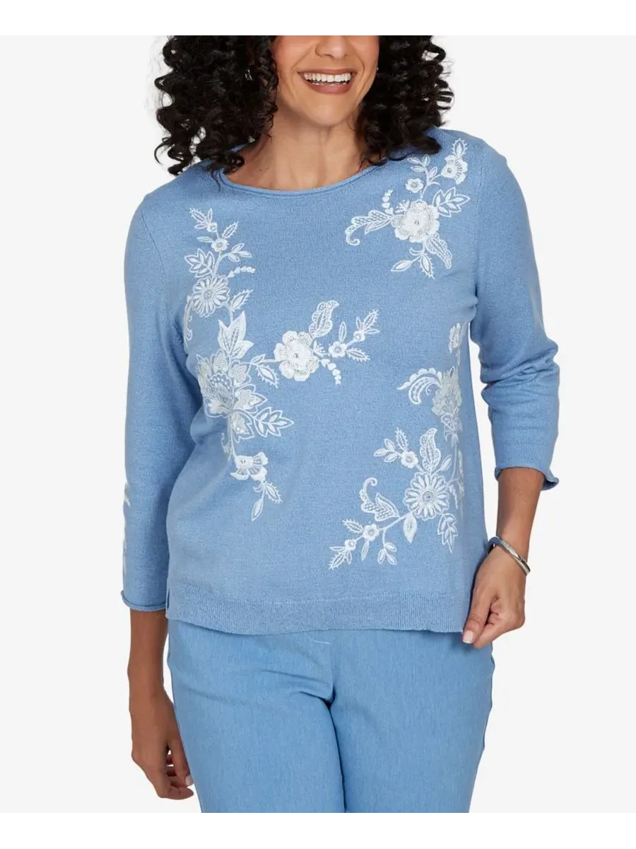 Свитер с цветочной вышивкой, 3/4 рукав, Petite Provence Lacey Floral Embroidered Alfred Dunner — изображение 1 из 6, синий