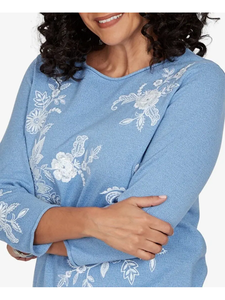 Свитер с цветочной вышивкой, 3/4 рукав, Petite Provence Lacey Floral Embroidered Alfred Dunner — изображение 4 из 6, синий