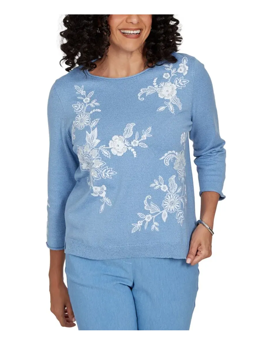 Свитер с цветочной вышивкой, 3/4 рукав, Petite Provence Lacey Floral Embroidered Alfred Dunner — изображение 6 из 6, синий