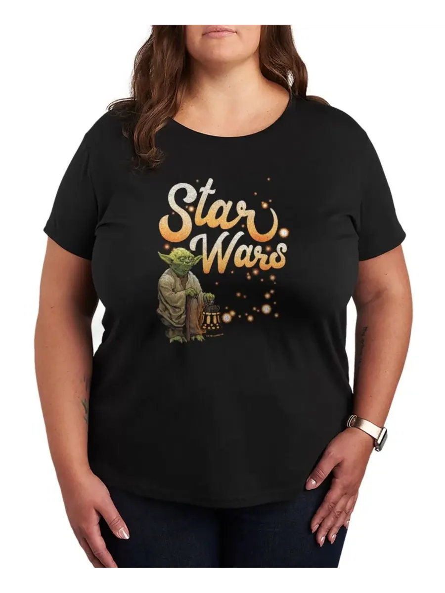 Футболка женская с принтом Yoda Fireflies, Plus Size Hybrid Apparel — изображение 1 из 3, черный