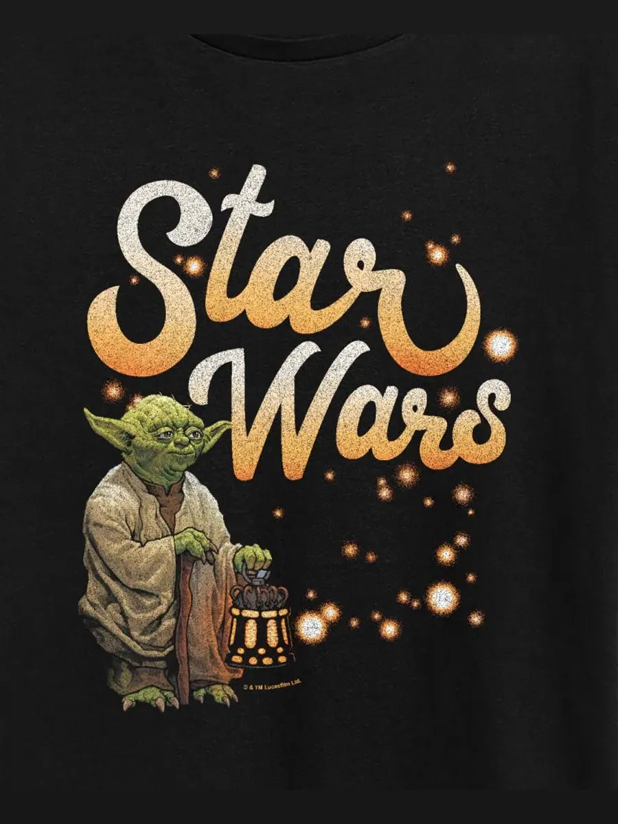 Футболка женская с принтом Yoda Fireflies, Plus Size Hybrid Apparel — изображение 3 из 3, черный