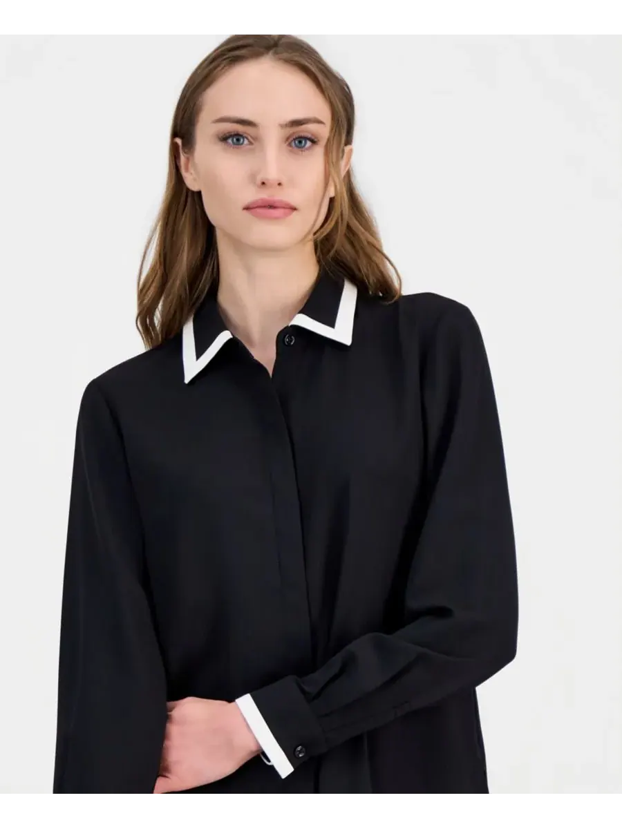 Женская блузка с контрастной отделкой и пуговицами спереди Anne Klein — изображение 3 из 6, черный