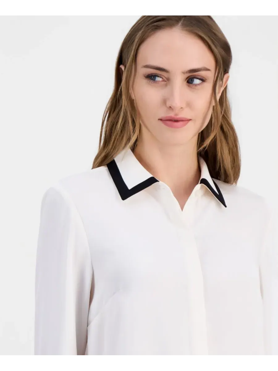 Женская блузка с контрастной отделкой и пуговицами спереди Anne Klein — изображение 3 из 3, белый
