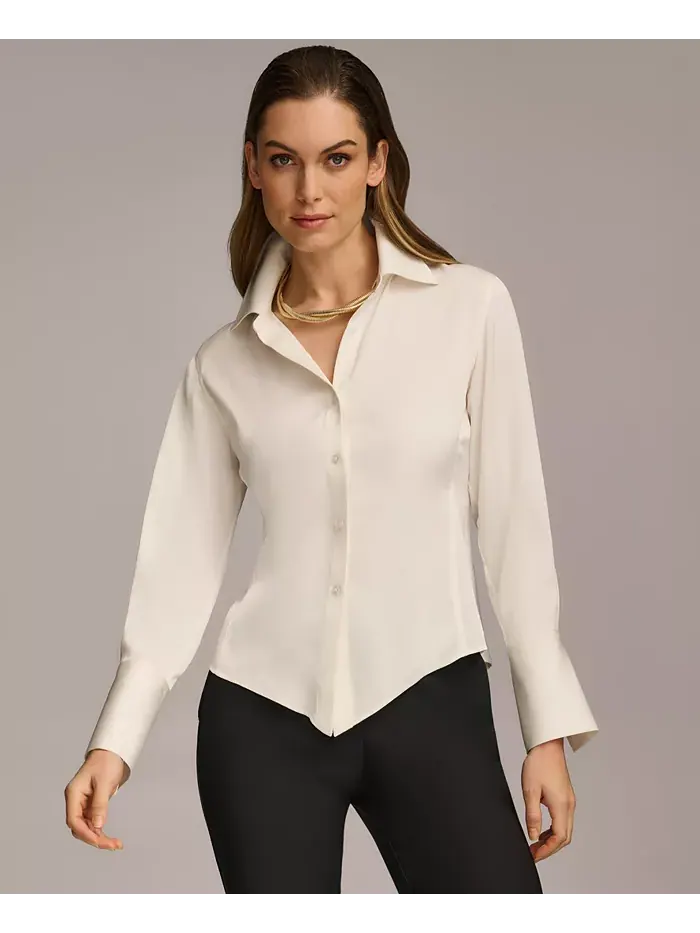 Женская блуза с застежкой на пуговицы и острым подолом, размеры Regular и Petite Donna Karan New — изображение 1 из 6