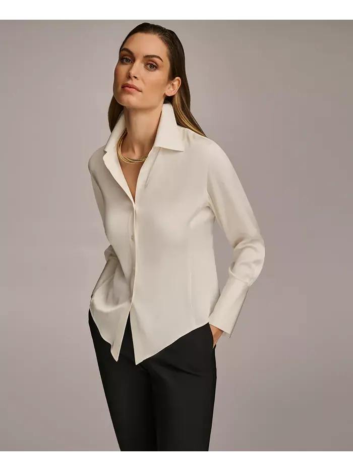 Женская блуза с застежкой на пуговицы и острым подолом, размеры Regular и Petite Donna Karan New — изображение 3 из 6